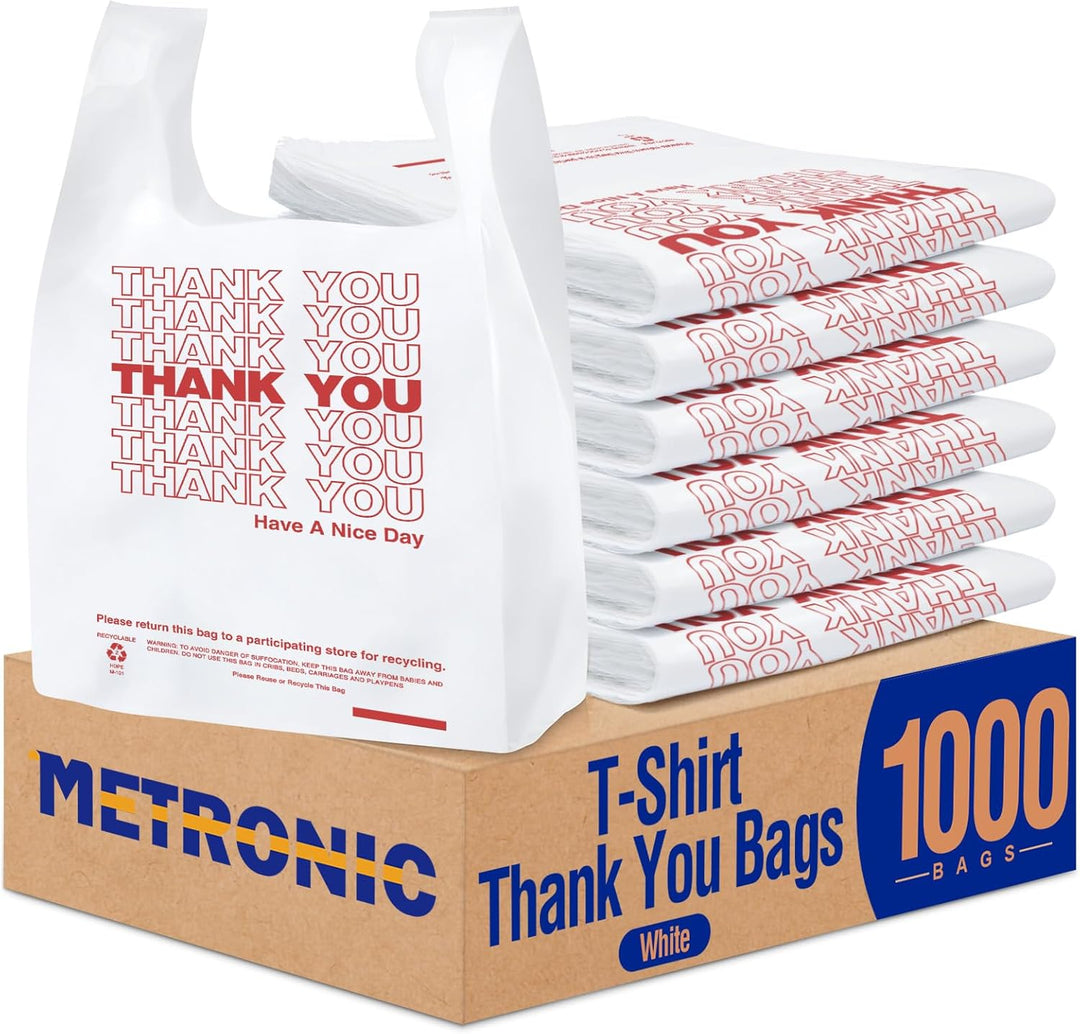 METRONIC 1000 Count Plastic Thank You T-Shirt Bags with Handles White, 12 x 6.5 x 21 Carry Gift Bags for Retail, Supermarket, Grocery Shopping Bag for Packaging, Takeout, Convenience Stores, in Bulk