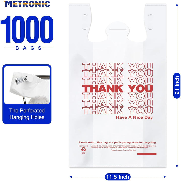 METRONIC 1000 Count Plastic Thank You T-Shirt Bags with Handles White, 12 x 6.5 x 21 Carry Gift Bags for Retail, Supermarket, Grocery Shopping Bag for Packaging, Takeout, Convenience Stores, in Bulk