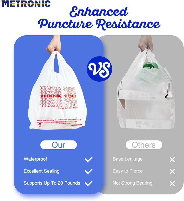 METRONIC 1000 Count Plastic Thank You T-Shirt Bags with Handles White, 12 x 6.5 x 21 Carry Gift Bags for Retail, Supermarket, Grocery Shopping Bag for Packaging, Takeout, Convenience Stores, in Bulk