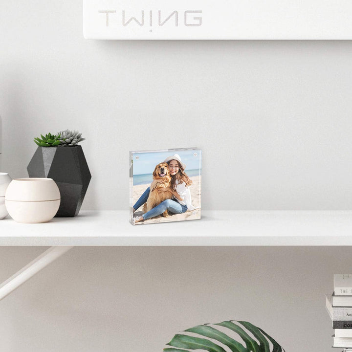 TWING 2 Pack 4x4 Acrylic Picture Frame, Horizontal Magnet Double Sided 4x4 Picture Frame Set with Microfiber Cloth, 10 + 10MM Thickness Clear Desktop Acrylic Photo Frame Display Gifts Ideal, Ideal