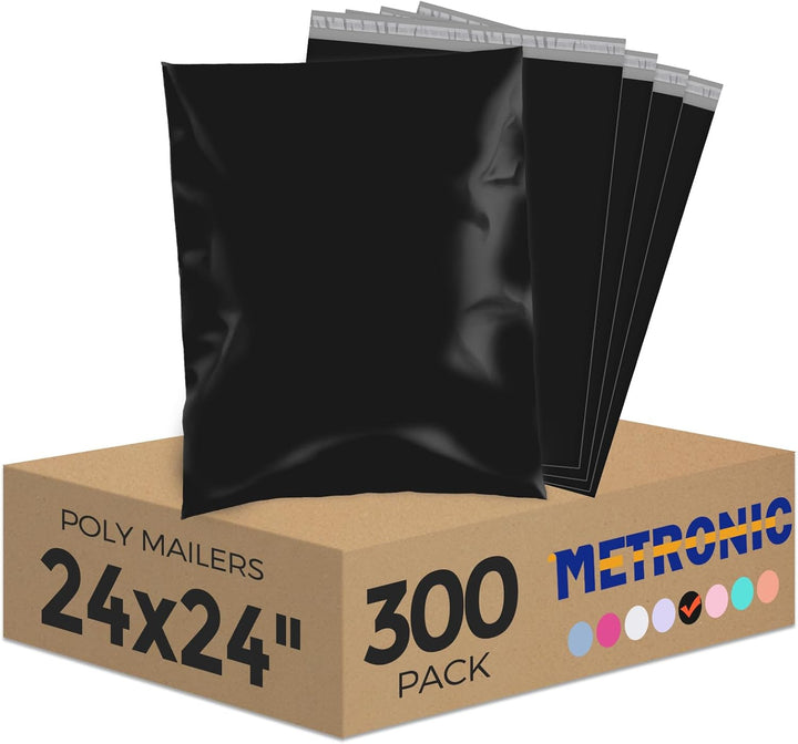 METRONIC Large Poly Mailers 24x24" 300PC Black, Strong Adhensive Shipping Bags for Clothing, Waterproof Packaging Bags, Bulk Shipping Envelopes for Small Business, Mailers Poly Bags Mailing Envelope