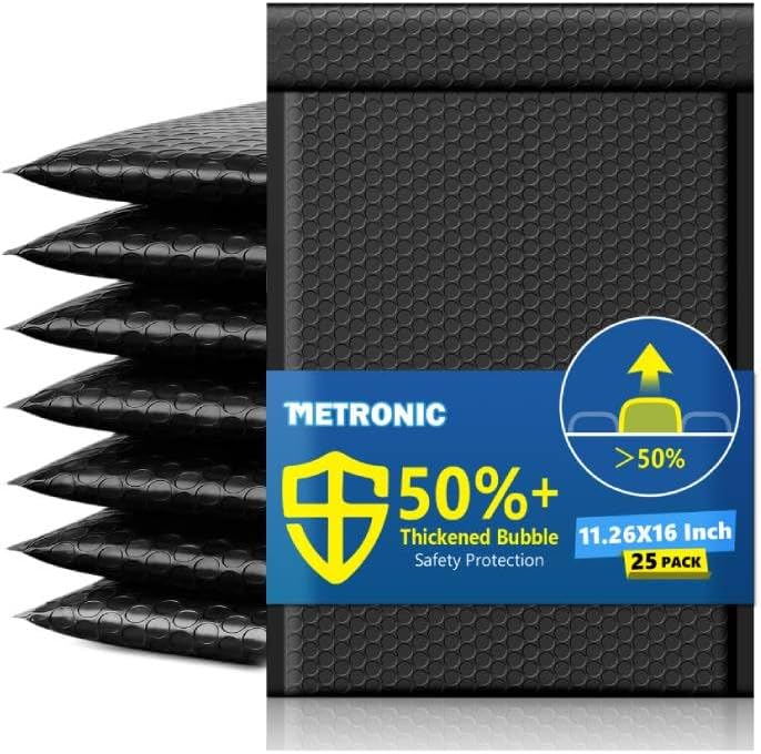 Metronic Large Bubble Mailers 11.26x16" 25 Pack Padded Envelopes with 1/7" Thickened Bubble Waterproof Mailing Envelopes Usable Size 11.26x15" Shipping Bag for Valuables,10.5x15" Item, Business, Black