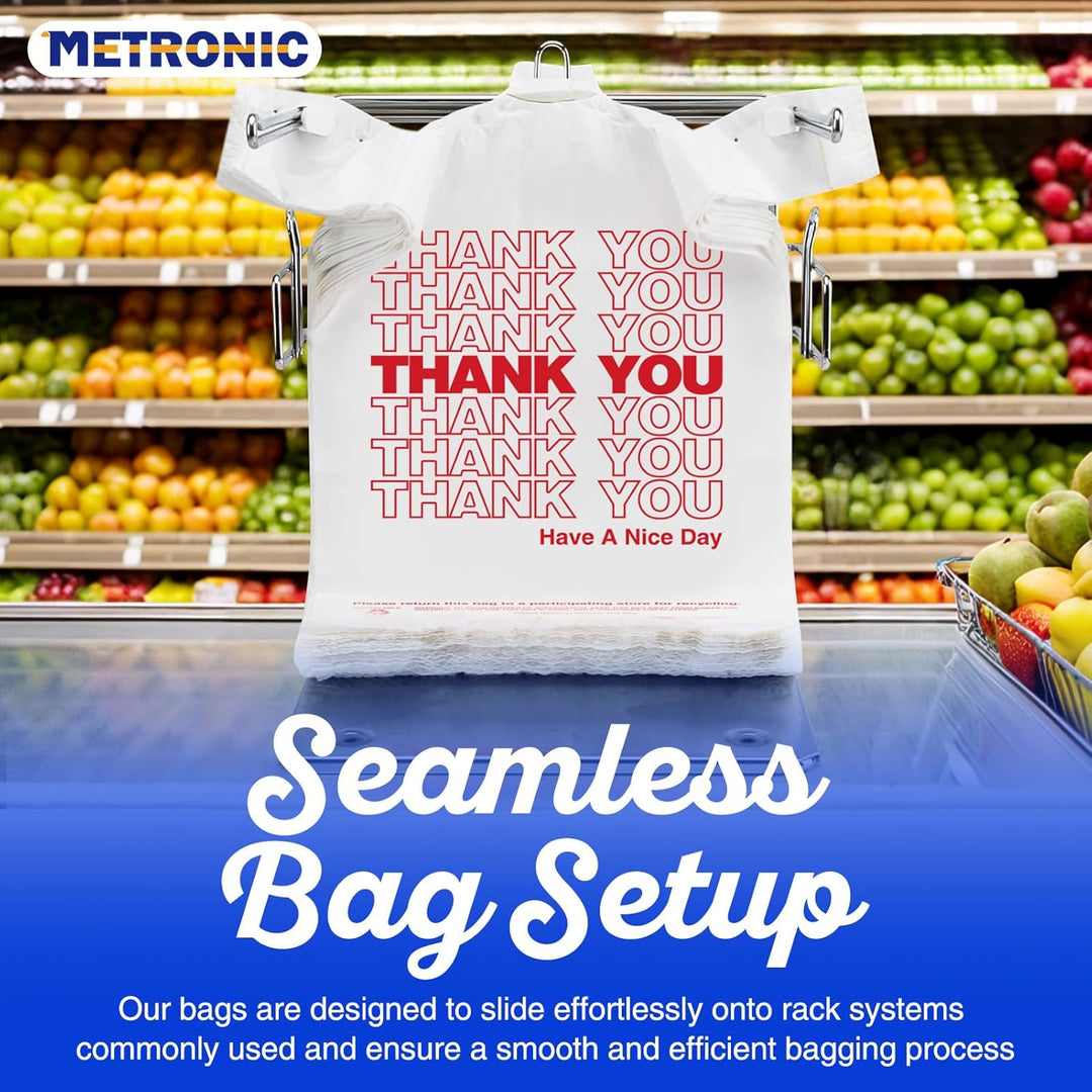METRONIC 1000 Count Plastic Thank You T-Shirt Bags with Handles White, 12 x 6.5 x 21 Carry Gift Bags for Retail, Supermarket, Grocery Shopping Bag for Packaging, Takeout, Convenience Stores, in Bulk