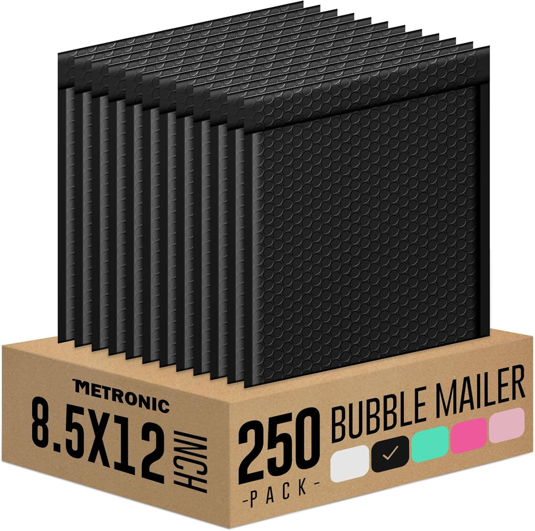 Metronic Bubble Mailers 8.5x12 250 Pack Black Bubble Mailers Waterproof Thick Padded Envelopes Mailing Envelopes Bubble Padded for Packaging, Makeup, Gift, Mailing, Shipping, Small Items Supplies