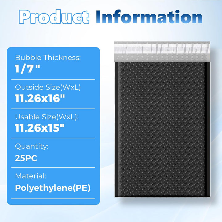 Metronic Large Bubble Mailers 11.26x16" 25 Pack Padded Envelopes with 1/7" Thickened Bubble Waterproof Mailing Envelopes Usable Size 11.26x15" Shipping Bag for Valuables,10.5x15" Item, Business, Black
