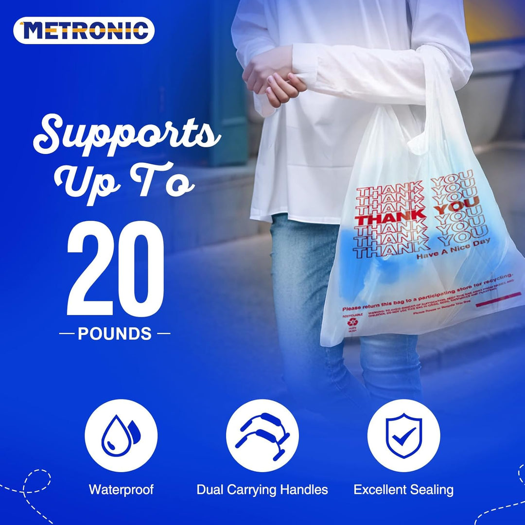 METRONIC 1000 Count Plastic Thank You T-Shirt Bags with Handles White, 12 x 6.5 x 21 Carry Gift Bags for Retail, Supermarket, Grocery Shopping Bag for Packaging, Takeout, Convenience Stores, in Bulk