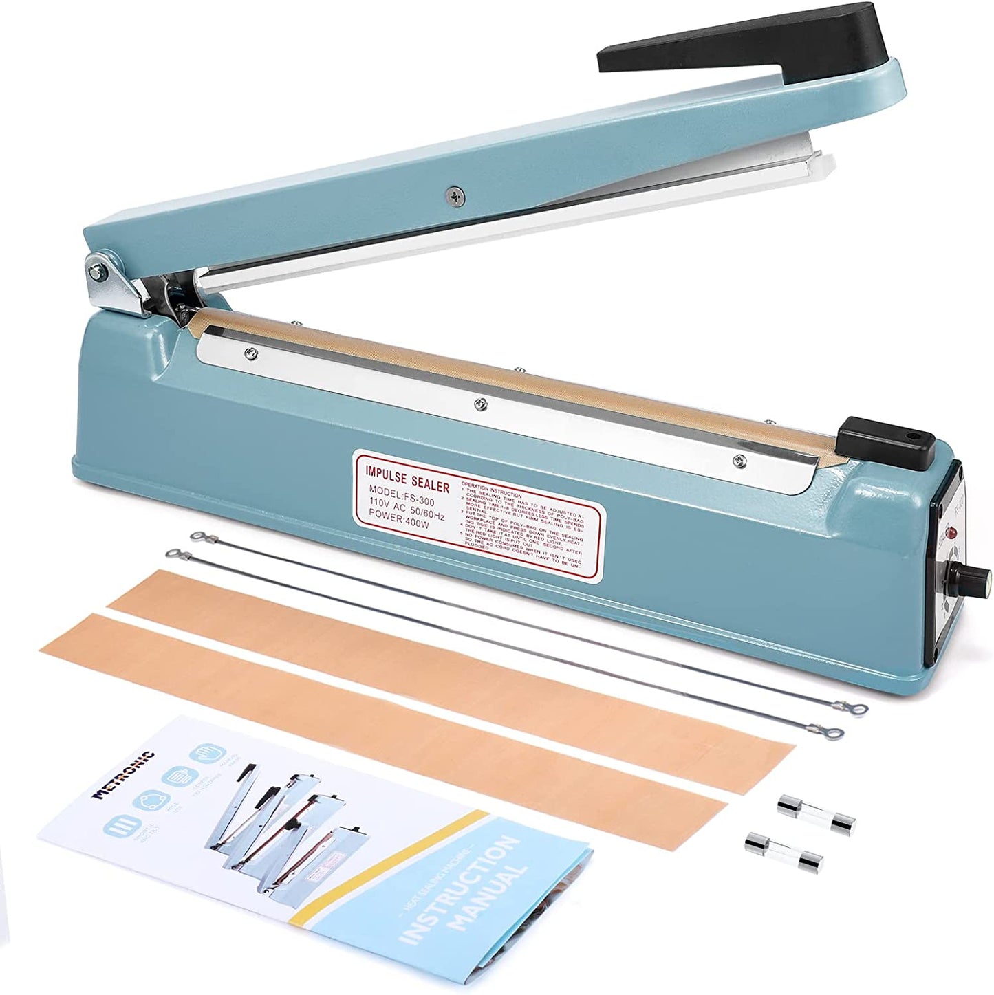 Metronic 12 Inch Impulse Sealer Heat Sealer Machine with Repair Kit, Manual Bag Sealer, Heavy Duty Impulse Heat Sealer for Plastic Bags, Shrink Wrap Bag