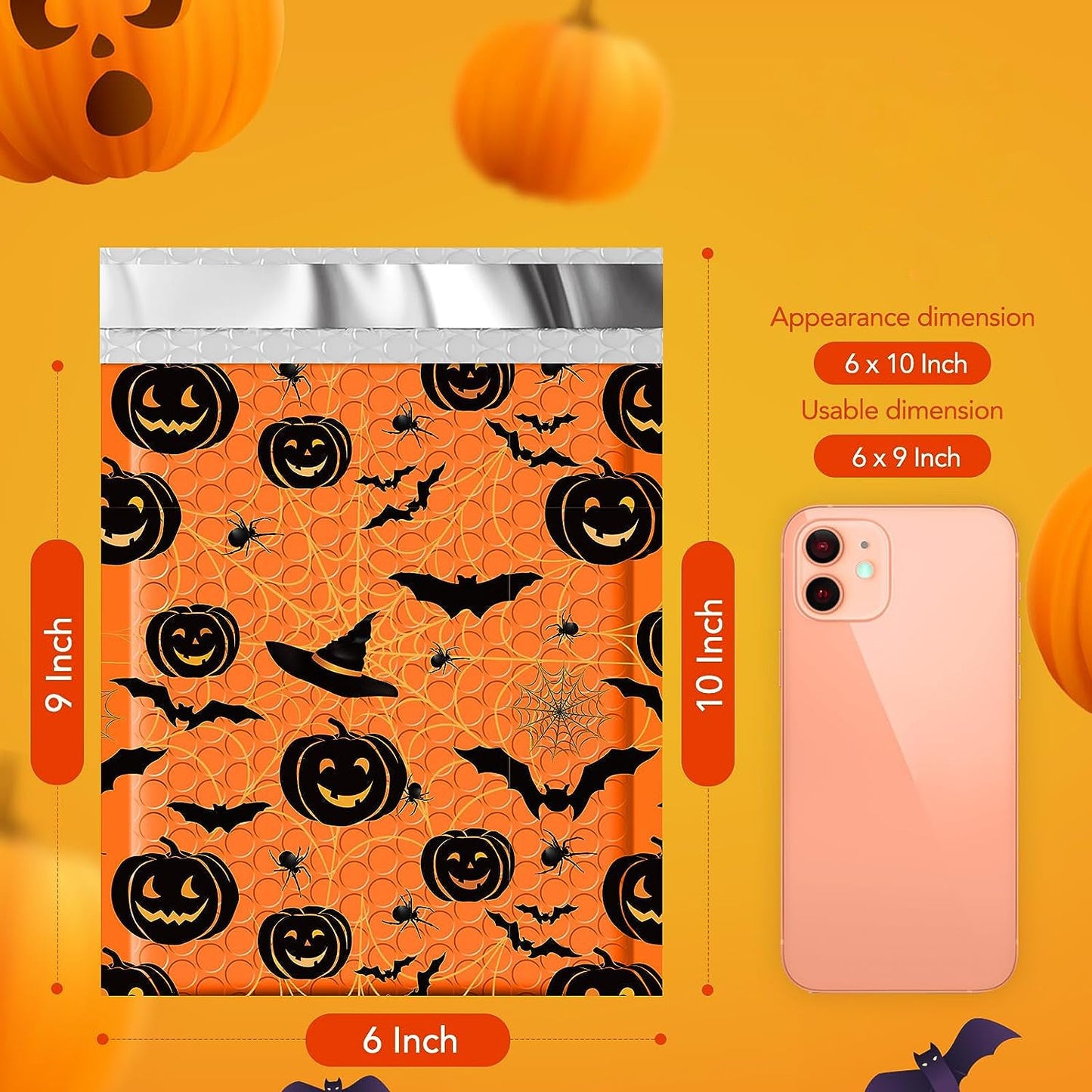 Metronic 6x10 Inch Halloween Decorations Color Printing Bubble-Mailer Padded Envelope | Orange ustom Boutique Cushioning Mailer Orange Self Seal Cute Design Envelope Mailers