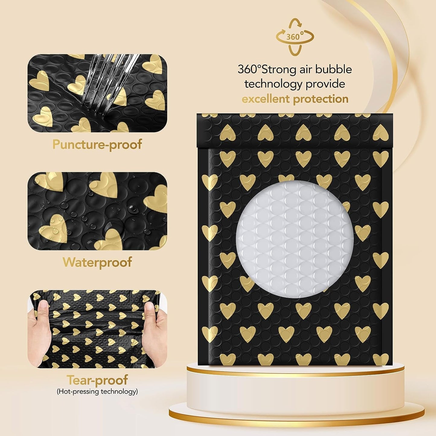 Metronic 6x10 Inch Color Printing Gold Heart Bubble-Mailer Padded Envelope Cute Bubble Mailers, Waterproof Padded Envelopes, Strong Adhesion Bubble Envelopes, Thick Bubble Padded Mailers Packaging for Jewelry, Makeup