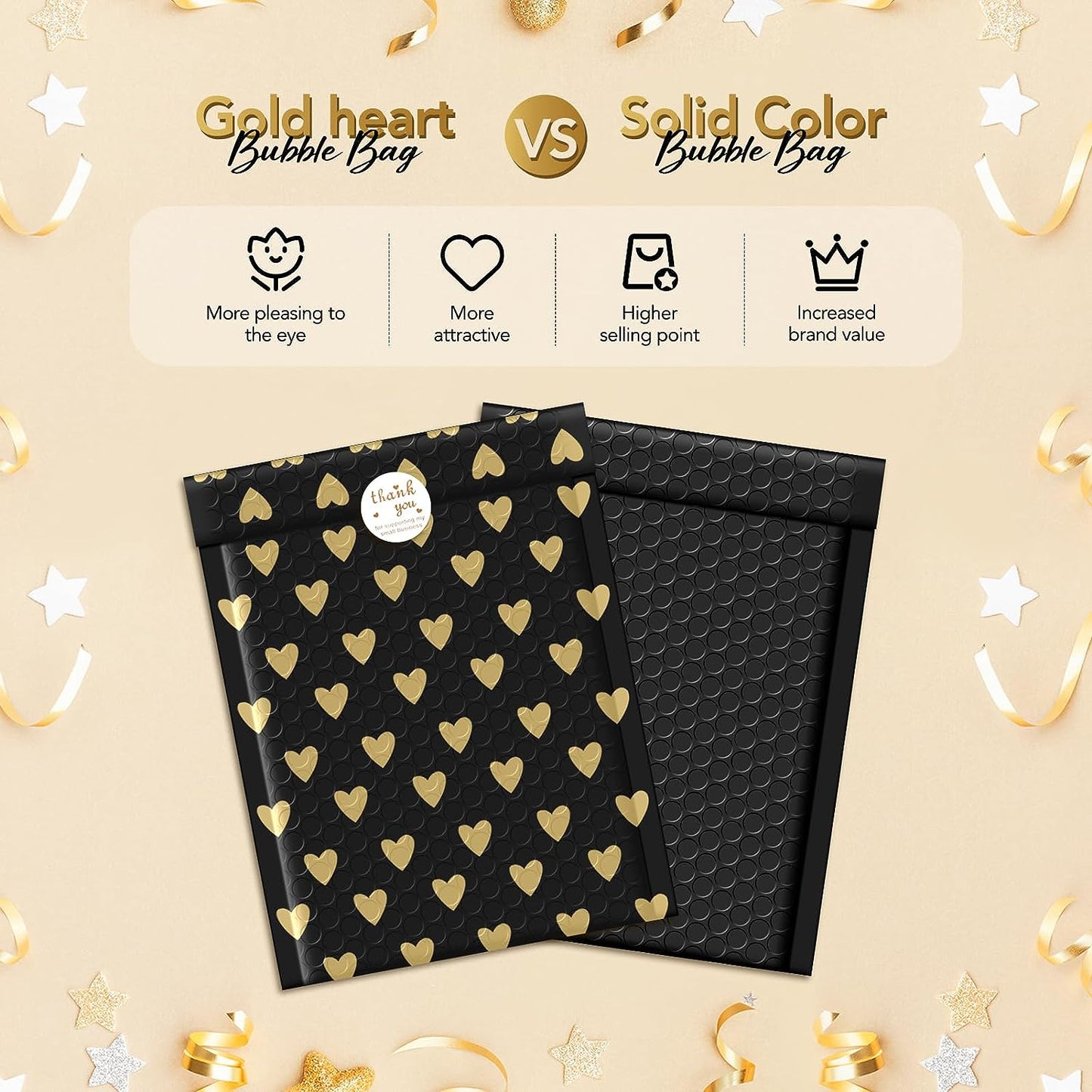 Metronic 6x10 Inch Color Printing Gold Heart Bubble-Mailer Padded Envelope Cute Bubble Mailers, Waterproof Padded Envelopes, Strong Adhesion Bubble Envelopes, Thick Bubble Padded Mailers Packaging for Jewelry, Makeup